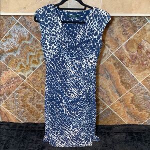 Lauren Ralph Lauren Womens Dress Navy White Surplice Faux Wrap Midi Dress Size 8